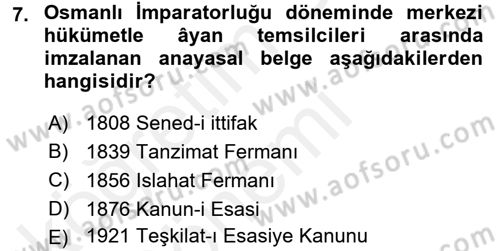 Anayasa Hukuku Dersi Ara Sınavı Deneme Sınav Soruları 7. Soru