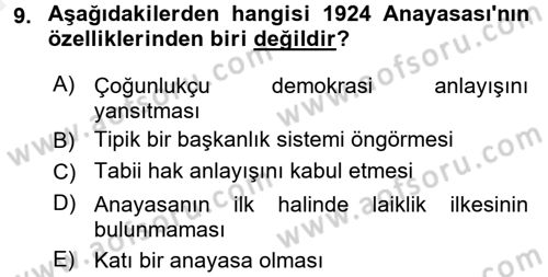 Anayasa Hukuku Dersi 2018 - 2019 Yılı (Vize) Ara Sınav Soruları 9. Soru