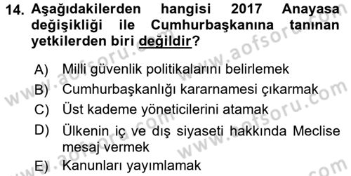Anayasa Hukuku Dersi 2018 - 2019 Yılı (Final) Dönem Sonu Sınav Soruları 14. Soru