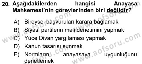 Anayasa Hukuku Dersi 2018 - 2019 Yılı (Final) Dönem Sonu Sınav Soruları 20. Soru