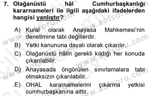 Anayasa Hukuku Dersi 2018 - 2019 Yılı (Final) Dönem Sonu Sınav Soruları 7. Soru