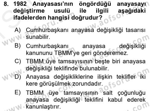Anayasa Hukuku Dersi 2018 - 2019 Yılı (Final) Dönem Sonu Sınav Soruları 8. Soru