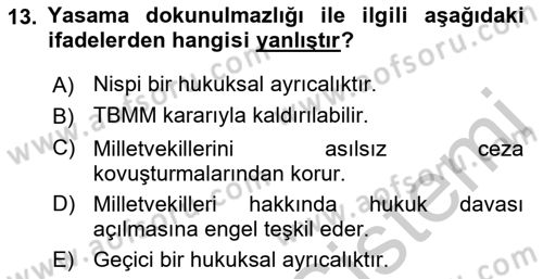 Anayasa Hukuku Dersi 2018 - 2019 Yılı Yaz Okulu Sınav Soruları 13. Soru