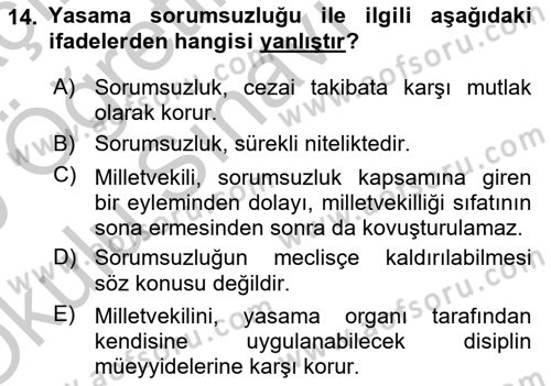 Anayasa Hukuku Dersi 2018 - 2019 Yılı Yaz Okulu Sınav Soruları 14. Soru