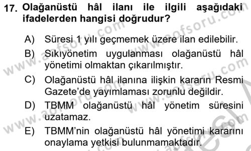 Anayasa Hukuku Dersi 2018 - 2019 Yılı Yaz Okulu Sınav Soruları 17. Soru