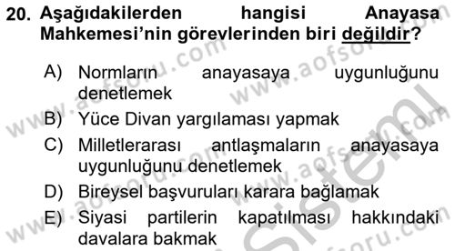 Anayasa Hukuku Dersi 2018 - 2019 Yılı Yaz Okulu Sınav Soruları 20. Soru