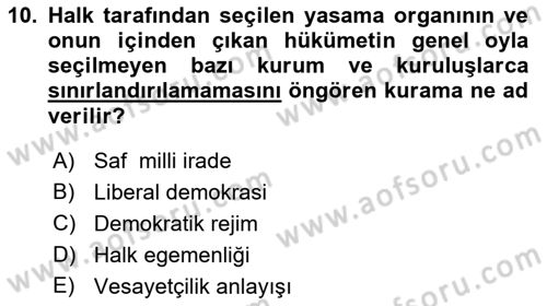 Anayasa Hukuku Dersi Ara Sınavı Deneme Sınav Soruları 10. Soru
