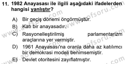 Anayasa Hukuku Dersi Ara Sınavı Deneme Sınav Soruları 11. Soru