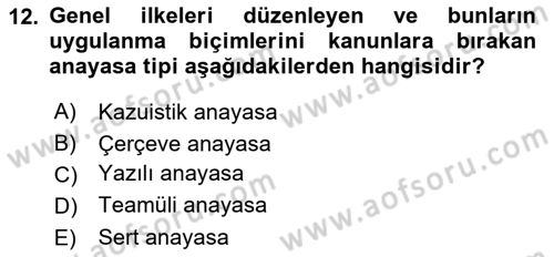 Anayasa Hukuku Dersi Ara Sınavı Deneme Sınav Soruları 12. Soru