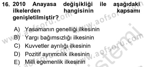 Anayasa Hukuku Dersi Ara Sınavı Deneme Sınav Soruları 16. Soru