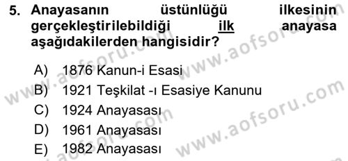 Anayasa Hukuku Dersi Ara Sınavı Deneme Sınav Soruları 5. Soru