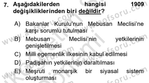 Anayasa Hukuku Dersi Ara Sınavı Deneme Sınav Soruları 7. Soru