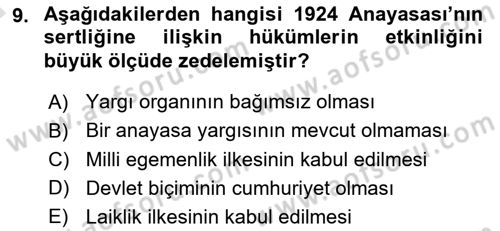 Anayasa Hukuku Dersi Ara Sınavı Deneme Sınav Soruları 9. Soru
