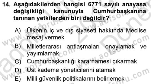 Anayasa Hukuku Dersi 2019 - 2020 Yılı (Final) Dönem Sonu Sınav Soruları 14. Soru