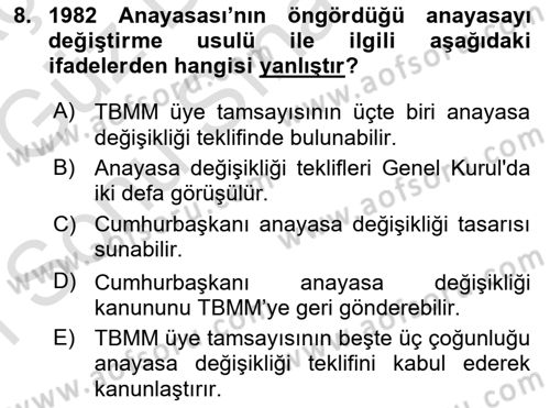 Anayasa Hukuku Dersi 2019 - 2020 Yılı (Final) Dönem Sonu Sınav Soruları 8. Soru