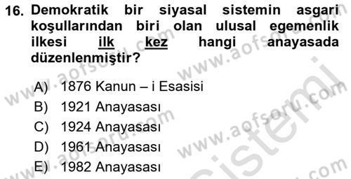 Anayasa Hukuku Dersi 2021 - 2022 Yılı (Vize) Ara Sınav Soruları 16. Soru