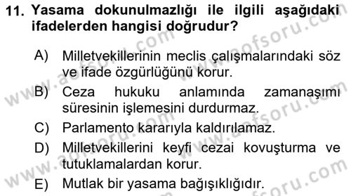 Anayasa Hukuku Dersi 2021 - 2022 Yılı (Final) Dönem Sonu Sınav Soruları 11. Soru