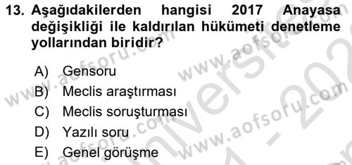 Anayasa Hukuku Dersi 2021 - 2022 Yılı (Final) Dönem Sonu Sınav Soruları 13. Soru
