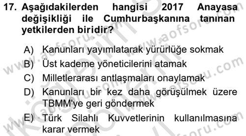 Anayasa Hukuku Dersi 2021 - 2022 Yılı (Final) Dönem Sonu Sınav Soruları 17. Soru