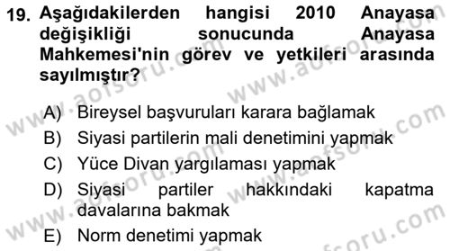 Anayasa Hukuku Dersi 2021 - 2022 Yılı (Final) Dönem Sonu Sınav Soruları 19. Soru