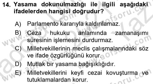 Anayasa Hukuku Dersi 2021 - 2022 Yılı Yaz Okulu Sınav Soruları 14. Soru