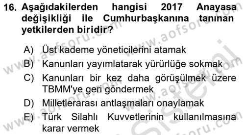 Anayasa Hukuku Dersi 2021 - 2022 Yılı Yaz Okulu Sınav Soruları 16. Soru