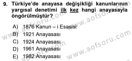 Anayasa Hukuku Dersi 2021 - 2022 Yılı Yaz Okulu Sınav Soruları 9. Soru