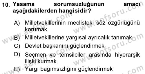 Anayasa Hukuku Dersi 2022 - 2023 Yılı (Final) Dönem Sonu Sınavı 10. Soru