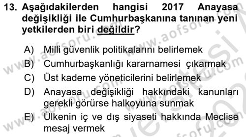 Anayasa Hukuku Dersi 2022 - 2023 Yılı (Final) Dönem Sonu Sınavı 13. Soru