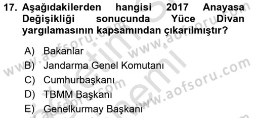 Anayasa Hukuku Dersi 2022 - 2023 Yılı (Final) Dönem Sonu Sınavı 17. Soru