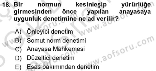 Anayasa Hukuku Dersi 2022 - 2023 Yılı (Final) Dönem Sonu Sınavı 18. Soru