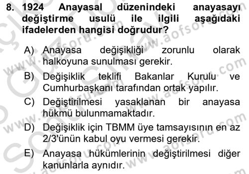 Anayasa Hukuku Dersi 2022 - 2023 Yılı (Final) Dönem Sonu Sınavı 8. Soru