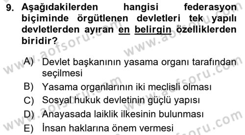 Anayasa Hukuku Dersi 2022 - 2023 Yılı (Final) Dönem Sonu Sınavı 9. Soru