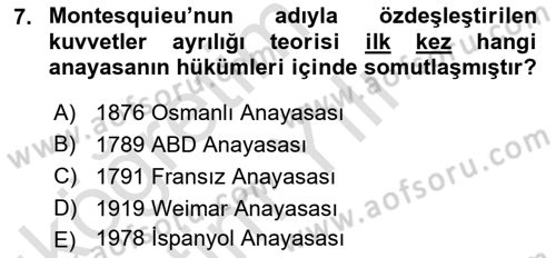 Anayasa Hukuku Dersi 2022 - 2023 Yılı Yaz Okulu Sınav Soruları 7. Soru
