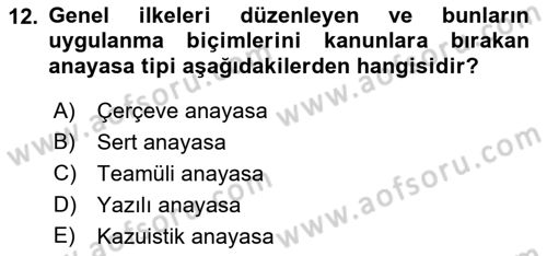 Anayasa Hukuku Dersi 2023 - 2024 Yılı (Vize) Ara Sınav Soruları 12. Soru