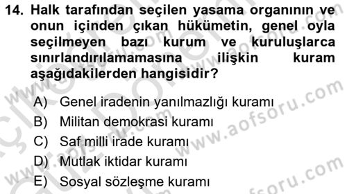 Anayasa Hukuku Dersi 2023 - 2024 Yılı (Vize) Ara Sınav Soruları 14. Soru
