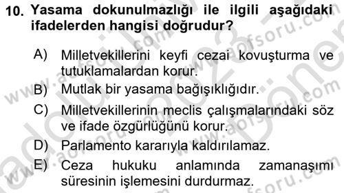 Anayasa Hukuku Dersi 2023 - 2024 Yılı (Final) Dönem Sonu Sınav Soruları 10. Soru