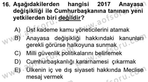 Anayasa Hukuku Dersi 2023 - 2024 Yılı (Final) Dönem Sonu Sınav Soruları 16. Soru