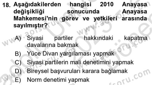 Anayasa Hukuku Dersi 2023 - 2024 Yılı (Final) Dönem Sonu Sınav Soruları 18. Soru