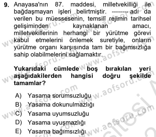 Anayasa Hukuku Dersi 2023 - 2024 Yılı (Final) Dönem Sonu Sınav Soruları 9. Soru