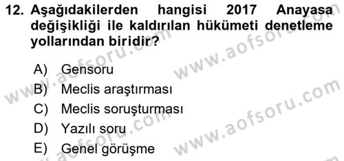 Anayasa Hukuku Dersi 2023 - 2024 Yılı Yaz Okulu Sınav Soruları 12. Soru