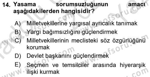 Anayasa Hukuku Dersi 2023 - 2024 Yılı Yaz Okulu Sınav Soruları 14. Soru