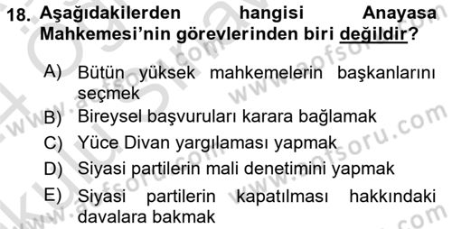Anayasa Hukuku Dersi 2023 - 2024 Yılı Yaz Okulu Sınav Soruları 18. Soru