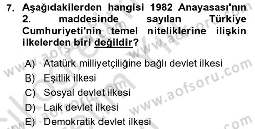 Anayasa Hukuku Dersi 2023 - 2024 Yılı Yaz Okulu Sınav Soruları 7. Soru