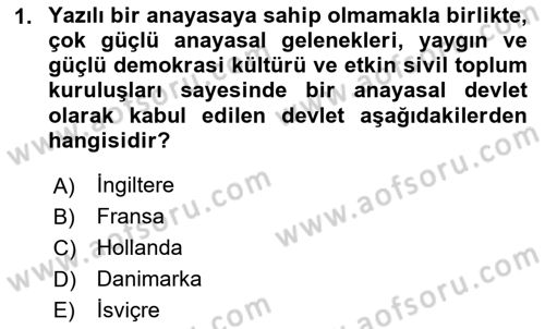 Anayasa Hukuku Dersi Ara Sınavı Deneme Sınav Soruları 1. Soru