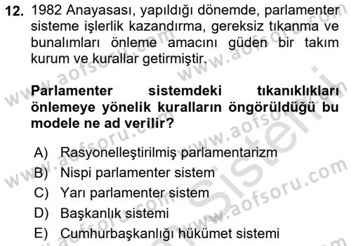 Anayasa Hukuku Dersi 2024 - 2025 Yılı (Vize) Ara Sınav Soruları 12. Soru
