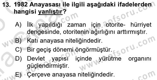 Anayasa Hukuku Dersi Ara Sınavı Deneme Sınav Soruları 13. Soru