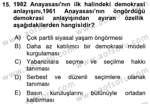 Anayasa Hukuku Dersi Ara Sınavı Deneme Sınav Soruları 15. Soru
