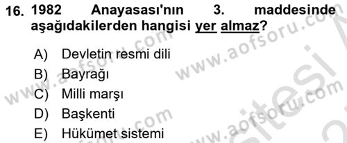 Anayasa Hukuku Dersi Ara Sınavı Deneme Sınav Soruları 16. Soru