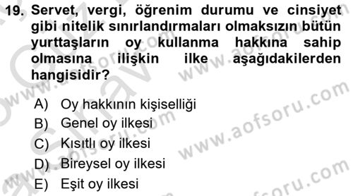 Anayasa Hukuku Dersi 2024 - 2025 Yılı (Vize) Ara Sınav Soruları 19. Soru